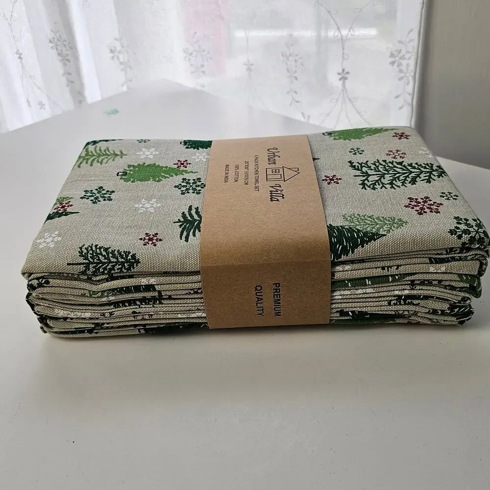 Urban Villa 6 pack cotton kitchen towels christmas trees snowflakes NIP